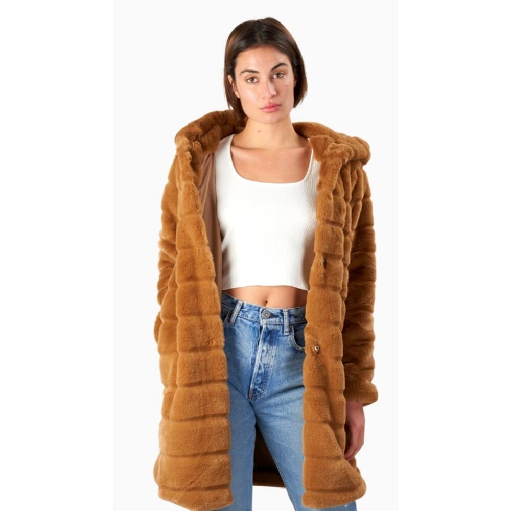 Apparis Anthropologie XS Faux Fur Celina Jacket $360 Hooded Long Mink Coat Camel